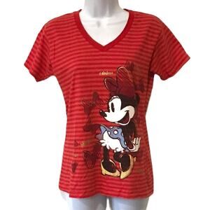 Disney Store Minnie Mouse red Striped V Neck tee S
